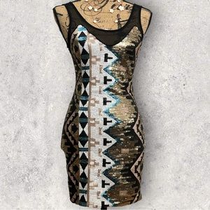 Sequined Multicolored Bodycon party dress gold black white n blue. Stretchy
